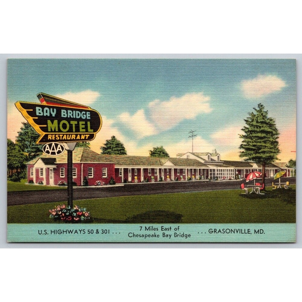 Vintage Postcard Bay Bridge Motel Restaurant Grasonville MD Maryland 1950s AAA